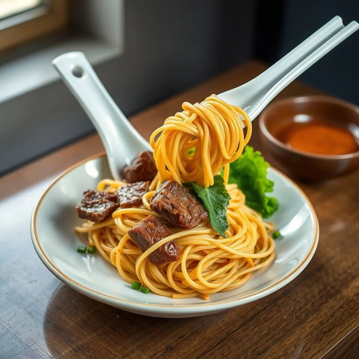 AI-generated photo Satay beef noodles. AI-generated photo.