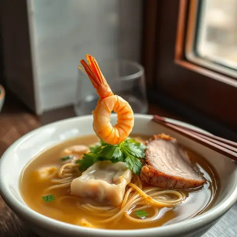 Wonton noodle soup. AI-generated photo.