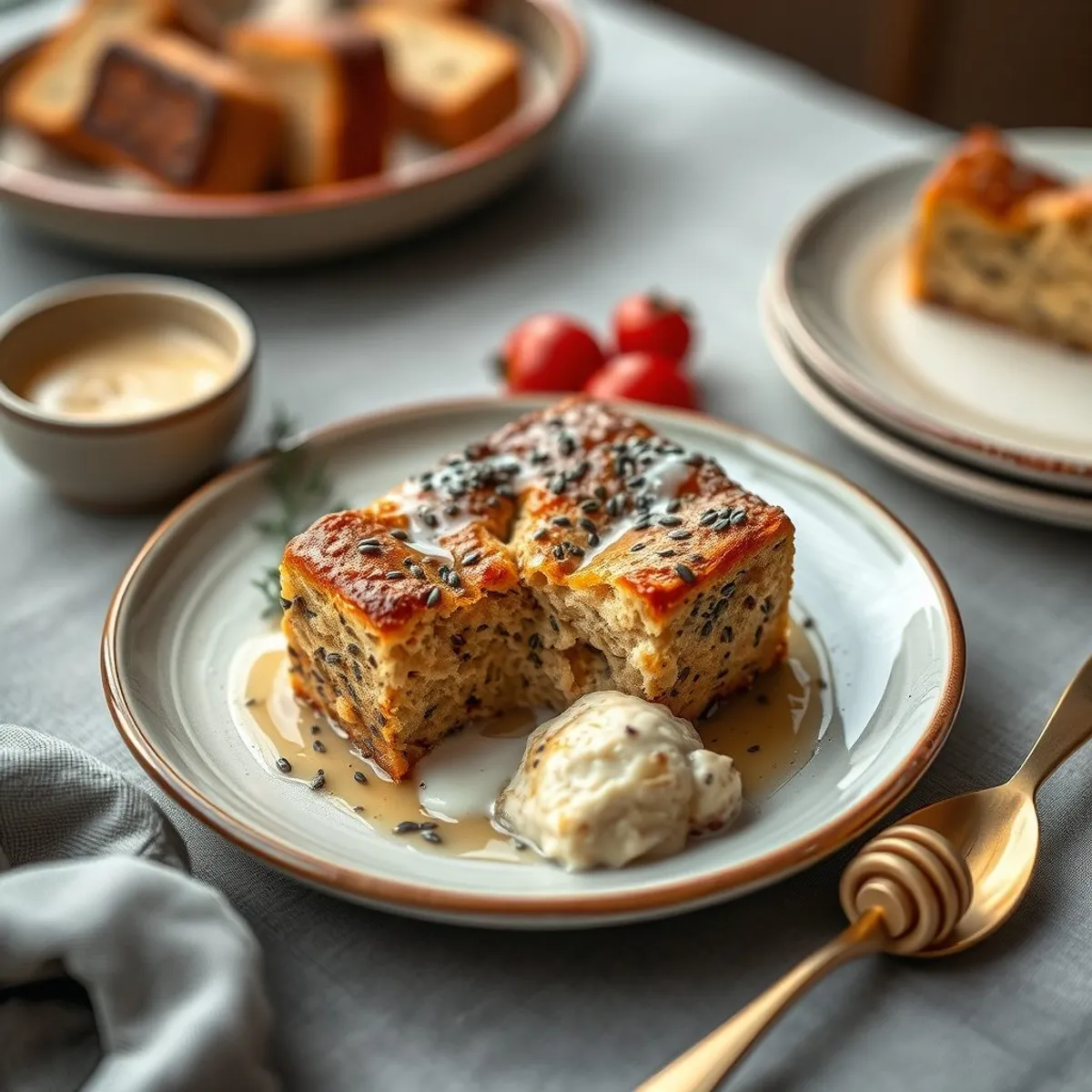 AI-generated photo Poppy bread pudding. AI-generated photo.