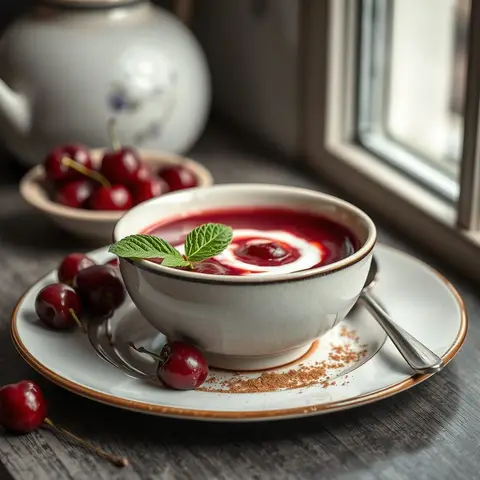 Sour cherry soup. AI-generated photo.