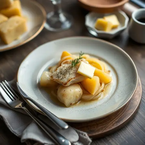 Salt cod plate. AI-generated photo.