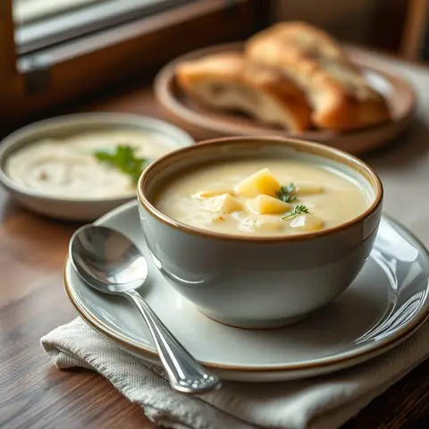 Potato and leek soup. AI-generated photo.