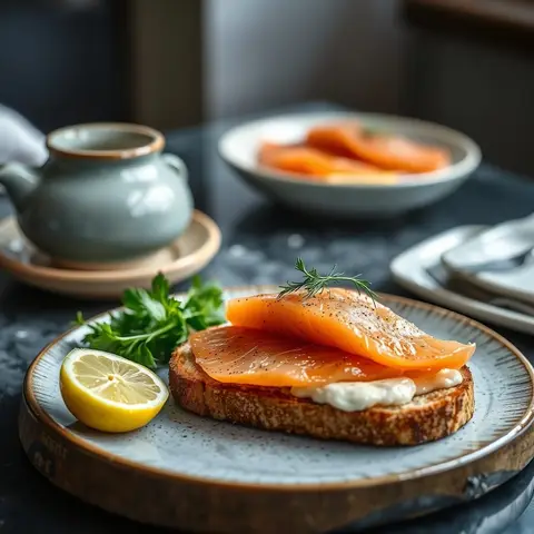 Salmon on brown bread. AI-generated photo.