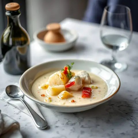 Seafood chowder. AI-generated photo.