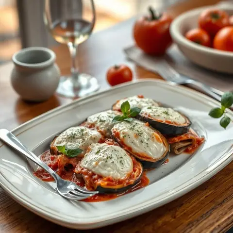 Eggplant parmesan. AI-generated photo.