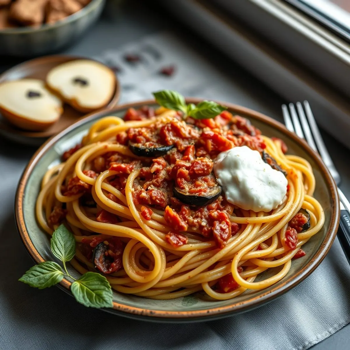 AI-generated photo Pasta alla Norma. AI-generated photo.