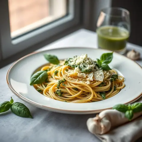 Pesto pasta. AI-generated photo.