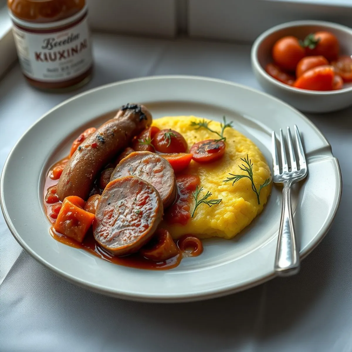 AI-generated photo Polenta and sausage. AI-generated photo.