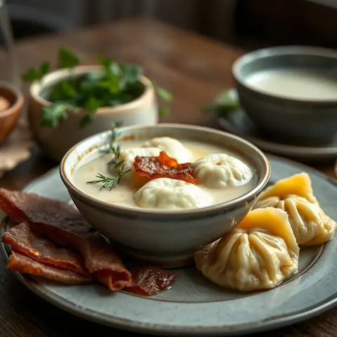 Dumpling soup. AI-generated photo.