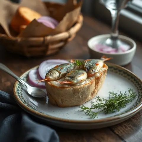 Sprats on bread. AI-generated photo.