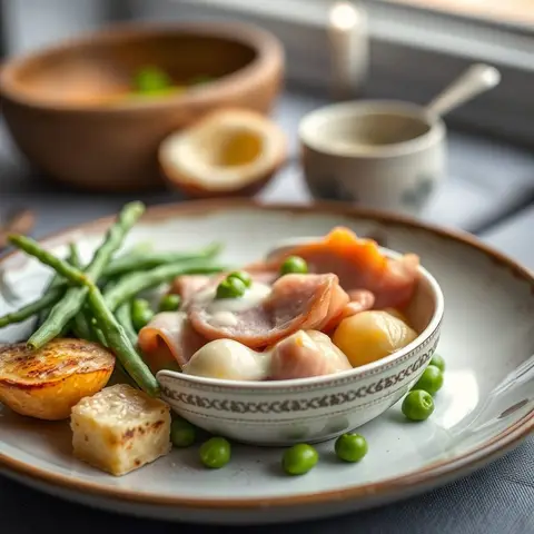 Ham with cream peas. AI-generated photo.