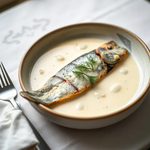 Trout in cream. AI-generated photo.