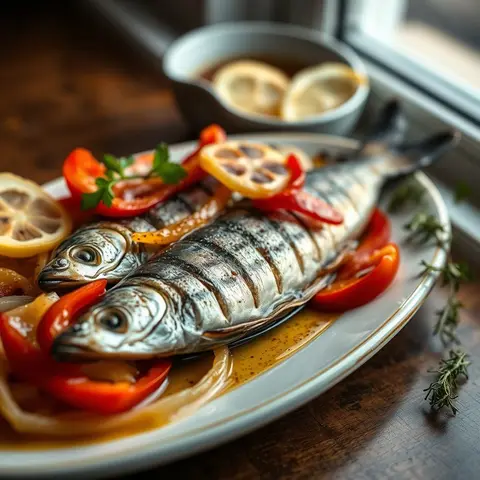 Grilled sardines. AI-generated photo.