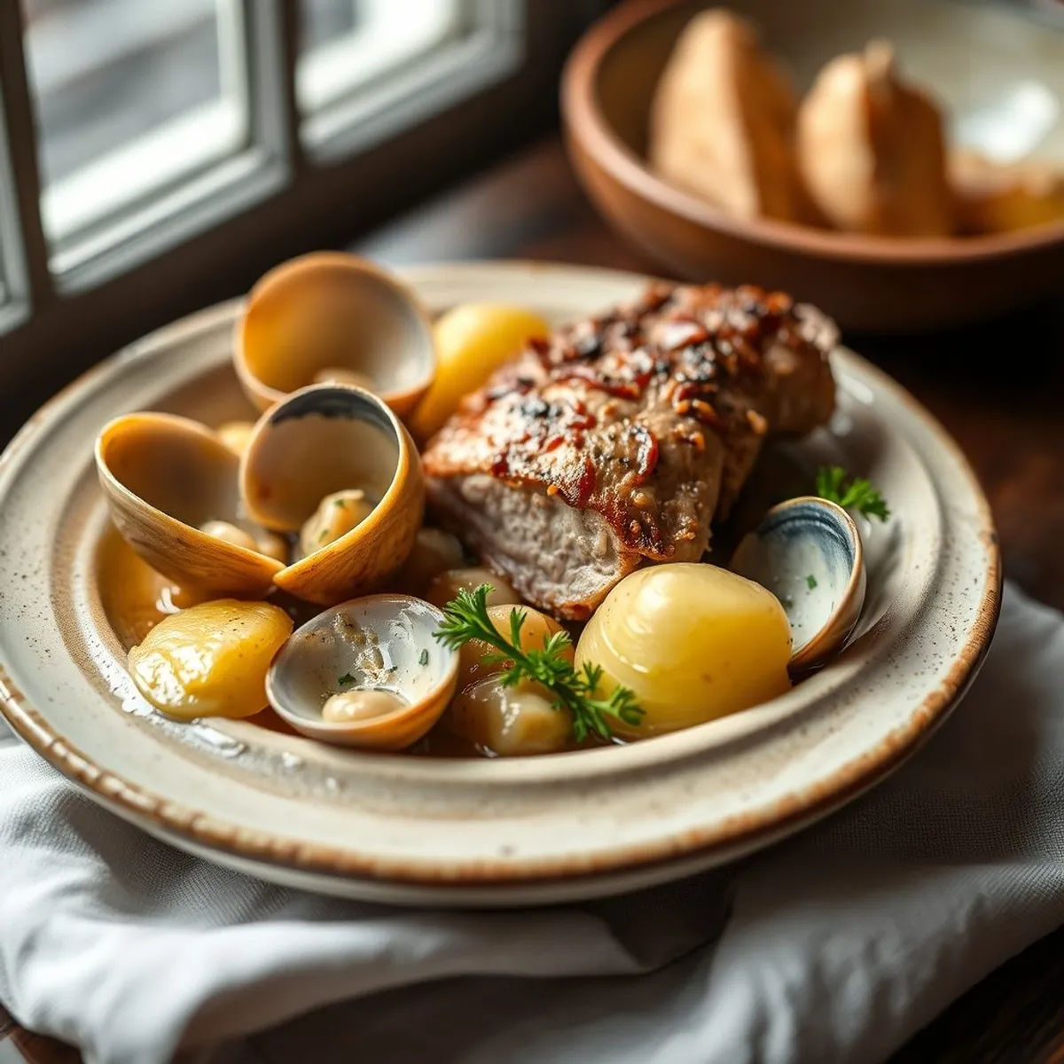 AI-generated photo Pork with clams. AI-generated photo.
