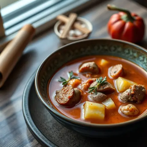Sausage soup. AI-generated photo.