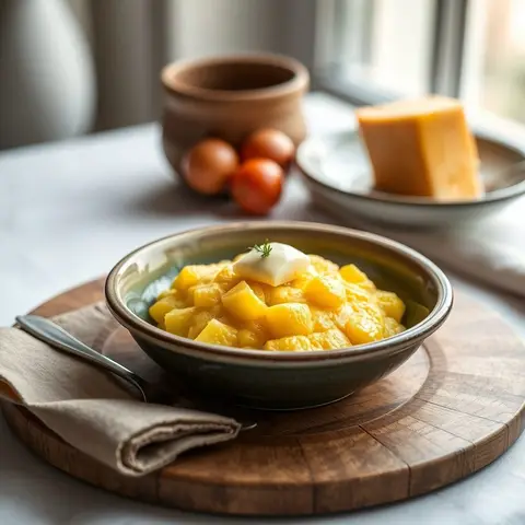 Polenta and cheese. AI-generated photo.