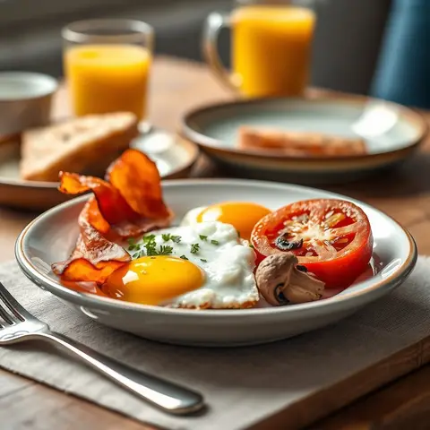 Full English breakfast. AI-generated photo.