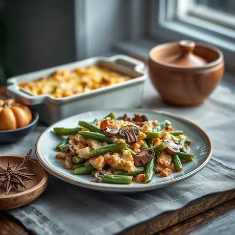 Green bean casserole. AI-generated photo.