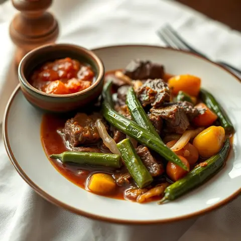 Beef and okra stew. AI-generated photo.