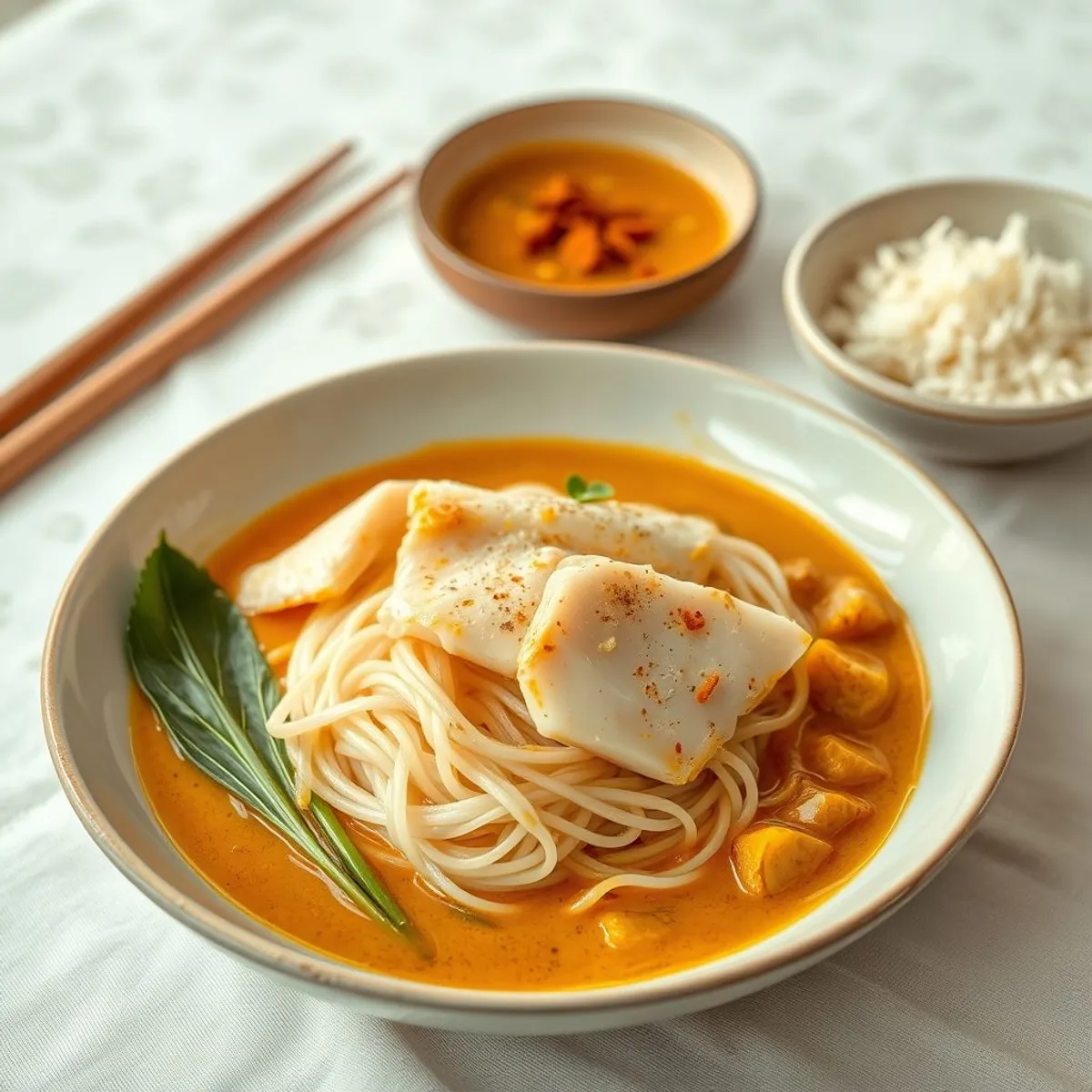 AI-generated photo Rice noodles with fish curry. AI-generated photo.
