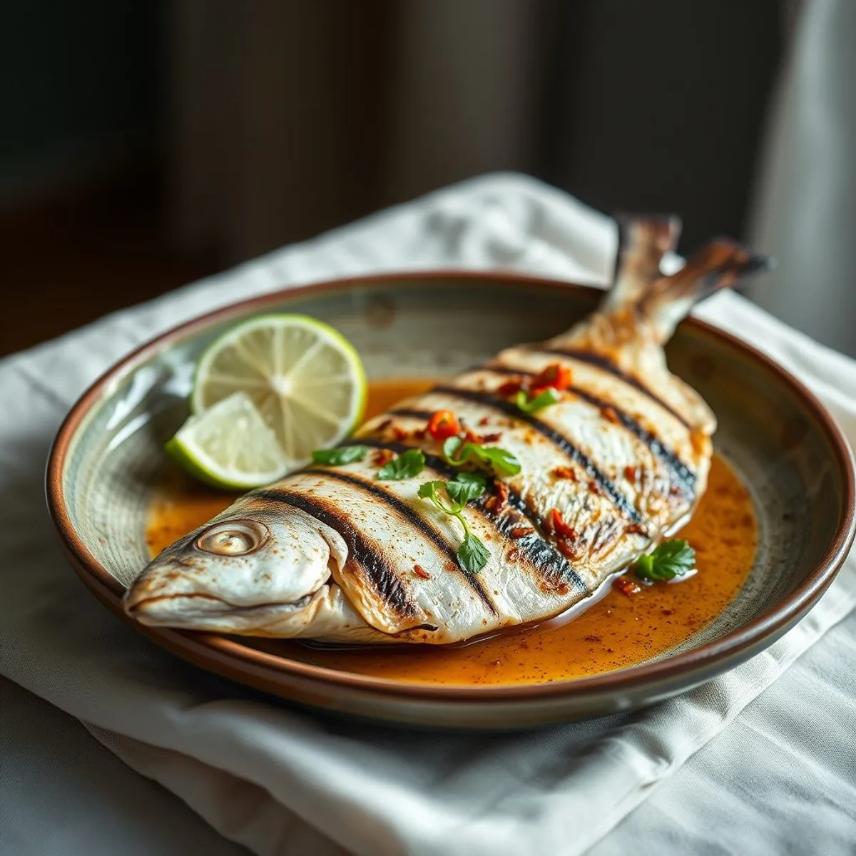 AI-generated photo Grilled fish with lime. AI-generated photo.