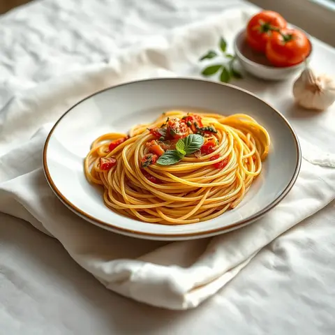 Tomato garlic spaghetti. AI-generated photo.