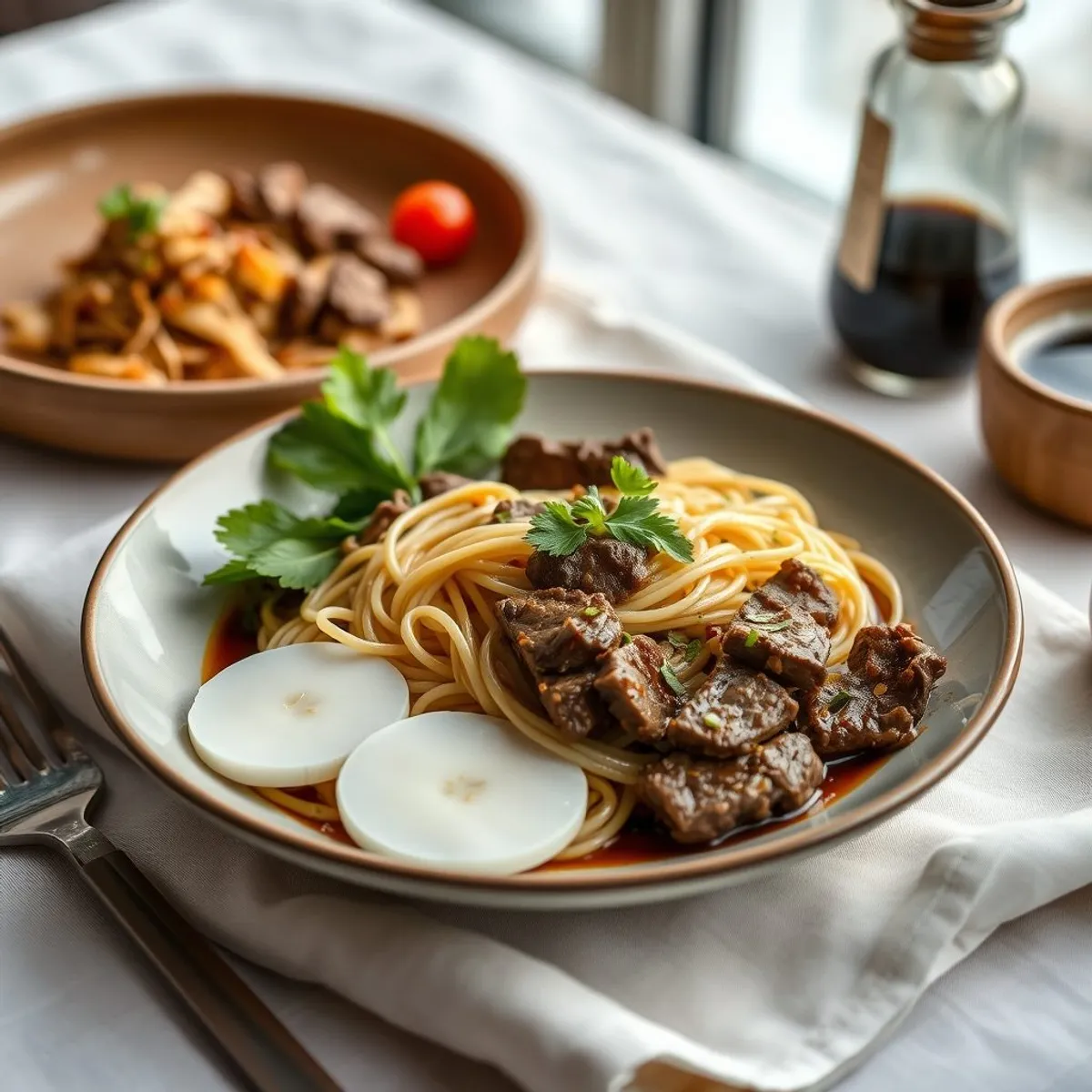 AI-generated photo Coconut beef noodles. AI-generated photo.