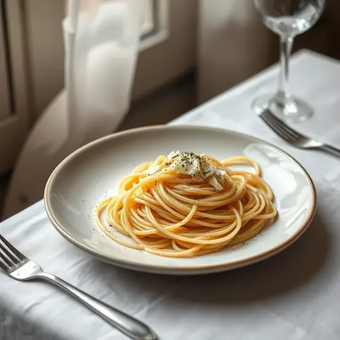 Tonnarelli cacio e pepe. AI-generated photo.