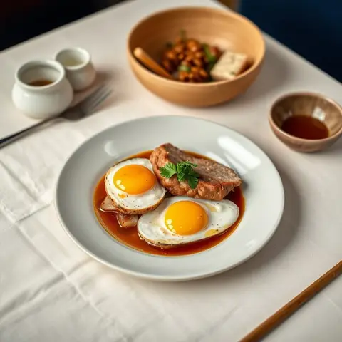 Caramel pork and eggs. AI-generated photo.