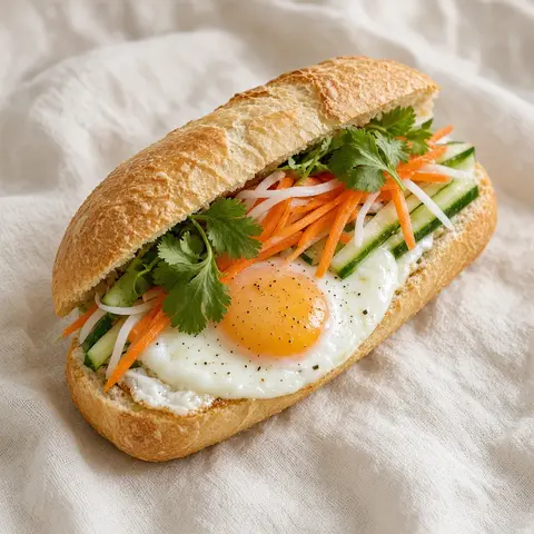 Bánh mì trứng ốp la. AI-generated photo.