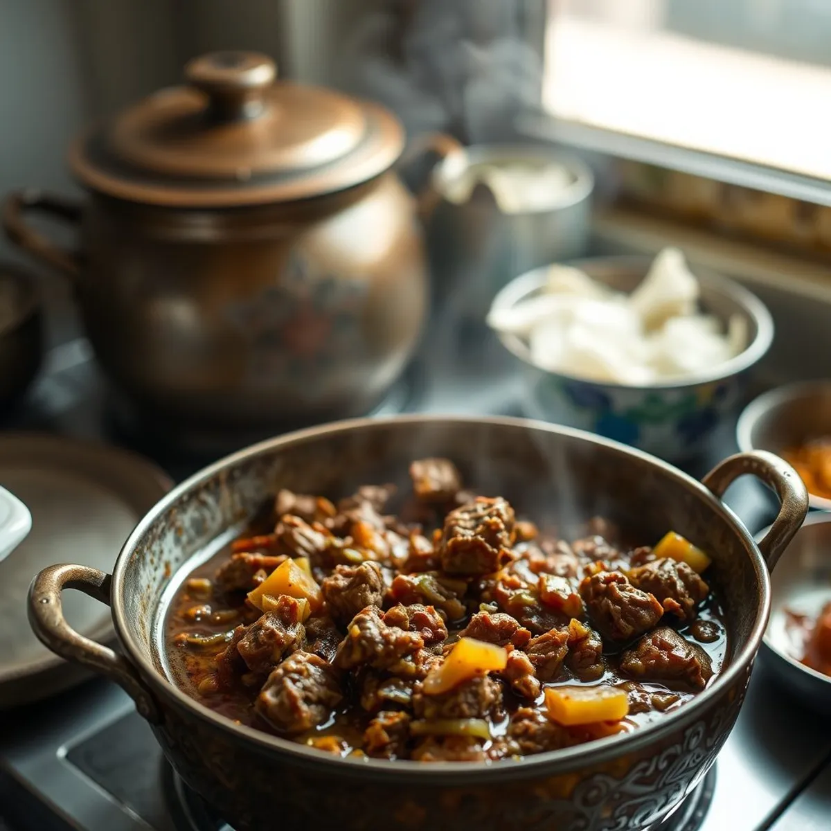 AI-generated photo Beef bhuna, step 1. AI-generated photo.