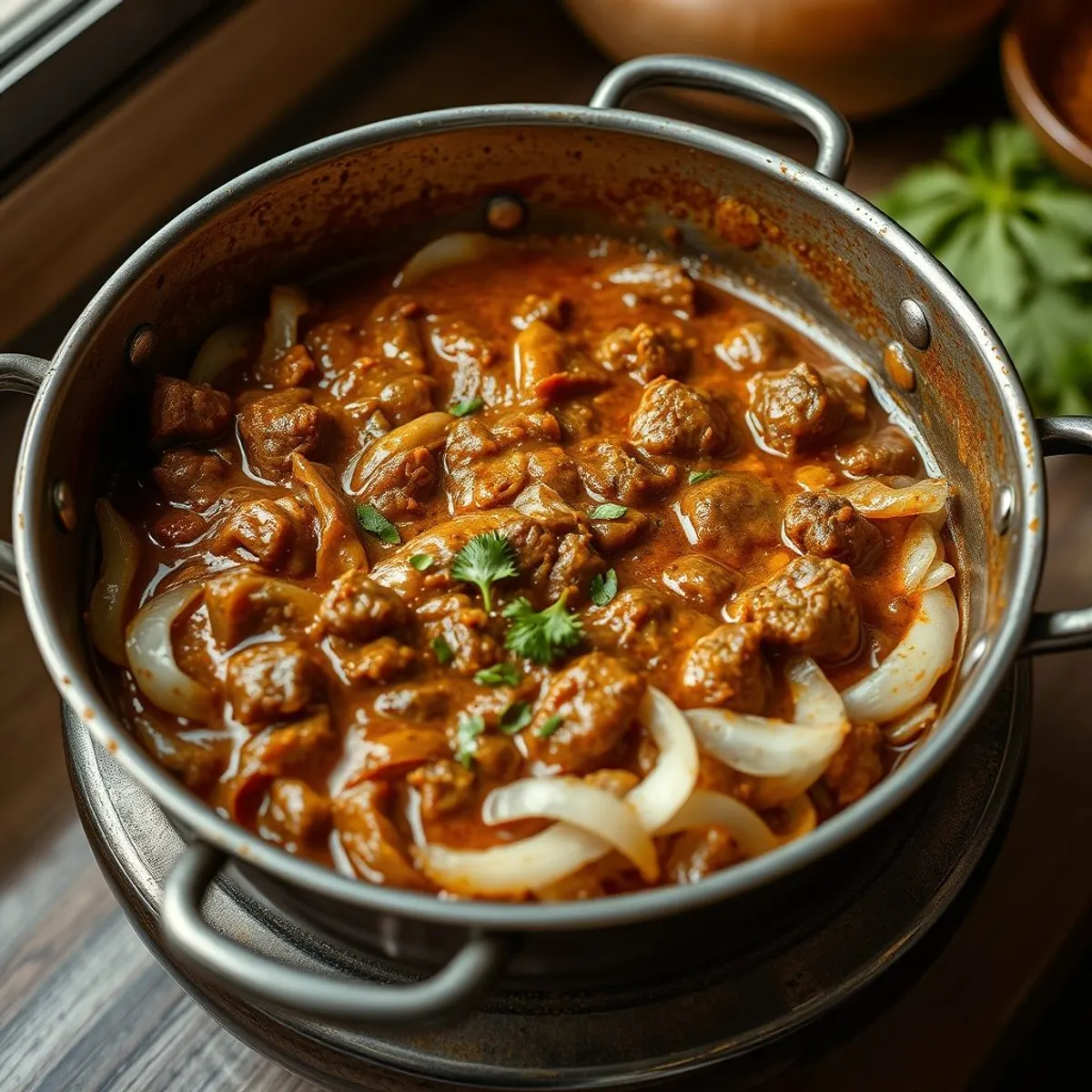 AI-generated photo Beef bhuna, step 2. AI-generated photo.