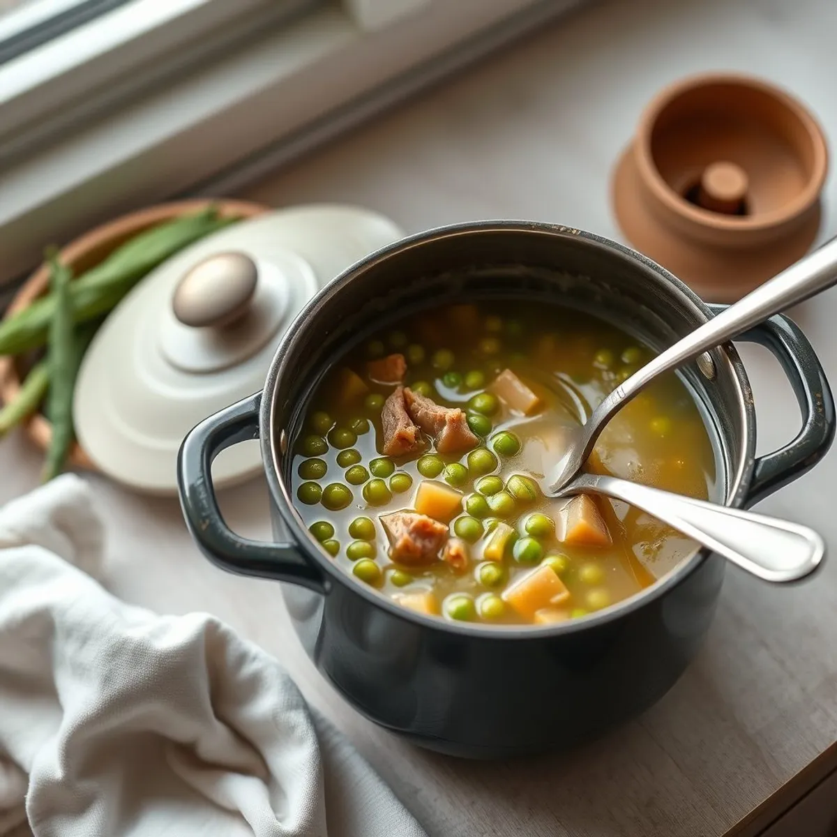 AI-generated photo Split pea soup, step 2. AI-generated photo.