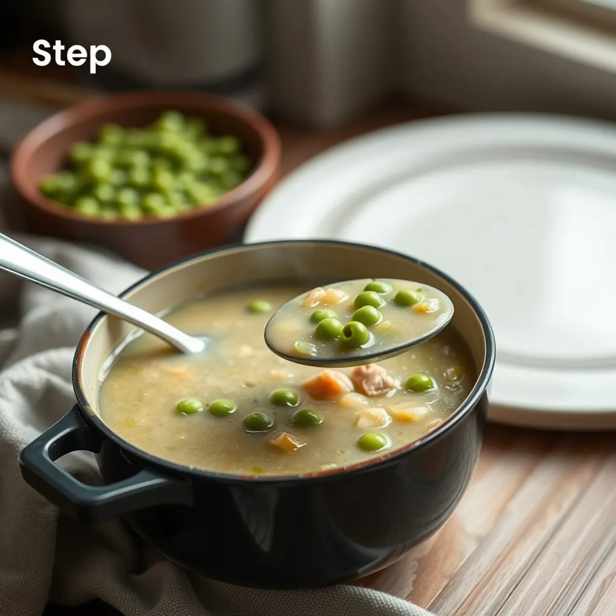 AI-generated photo Split pea soup, step 3. AI-generated photo.