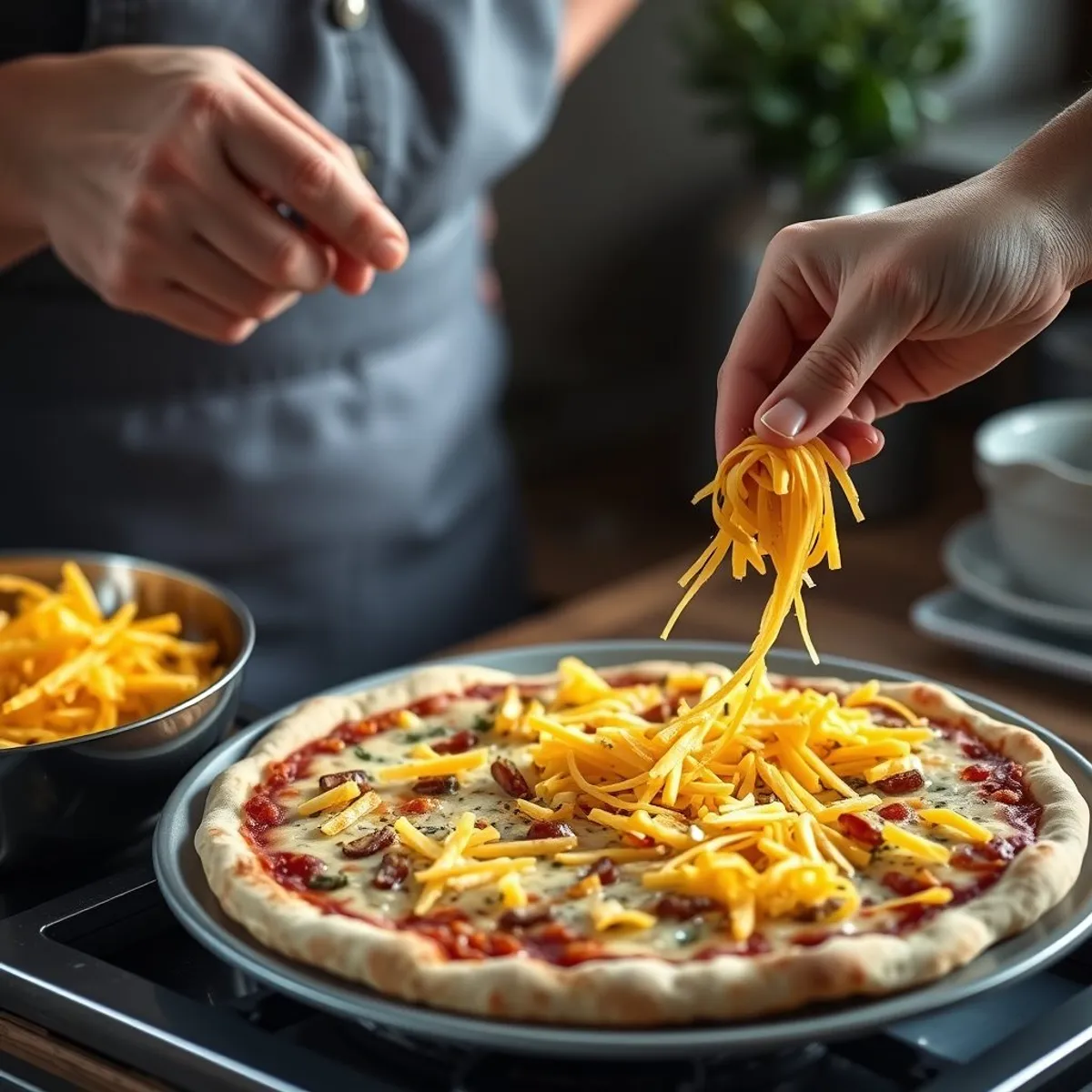 AI-generated photo Cheddar onion pizza, step 3. AI-generated photo.