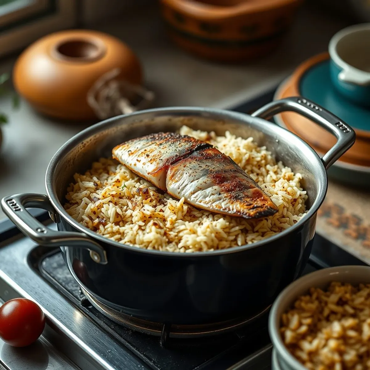 AI-generated photo Fish with rice, step 1. AI-generated photo.
