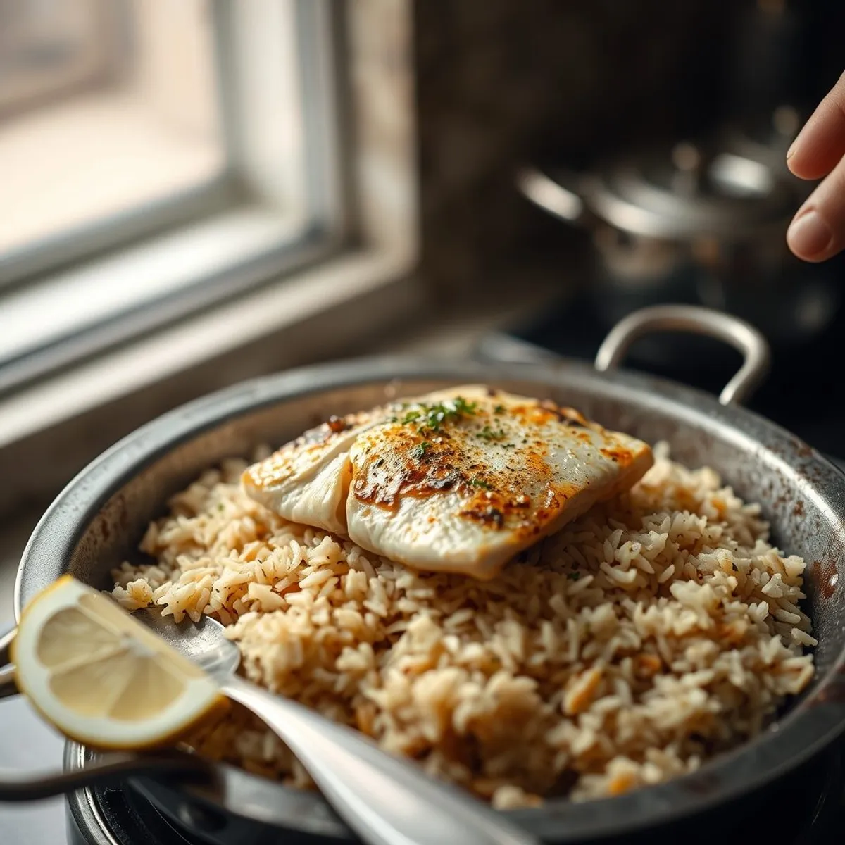 AI-generated photo Fish with rice, step 3. AI-generated photo.