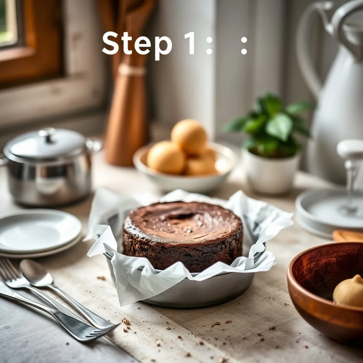 AI-generated photo Flourless Chocolate Cake, step 1. AI-generated photo.
