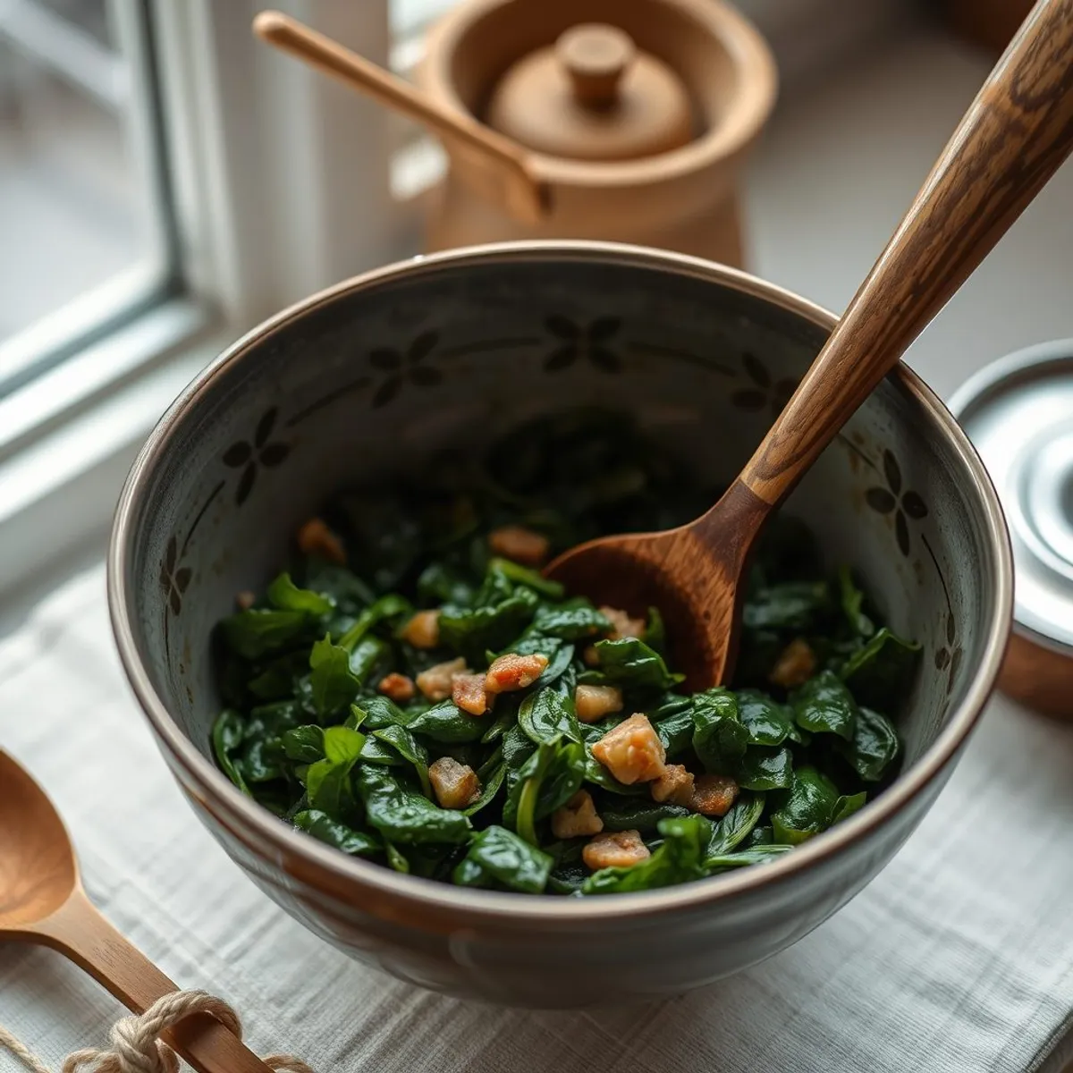 AI-generated photo Spinach pkhali, step 1. AI-generated photo.
