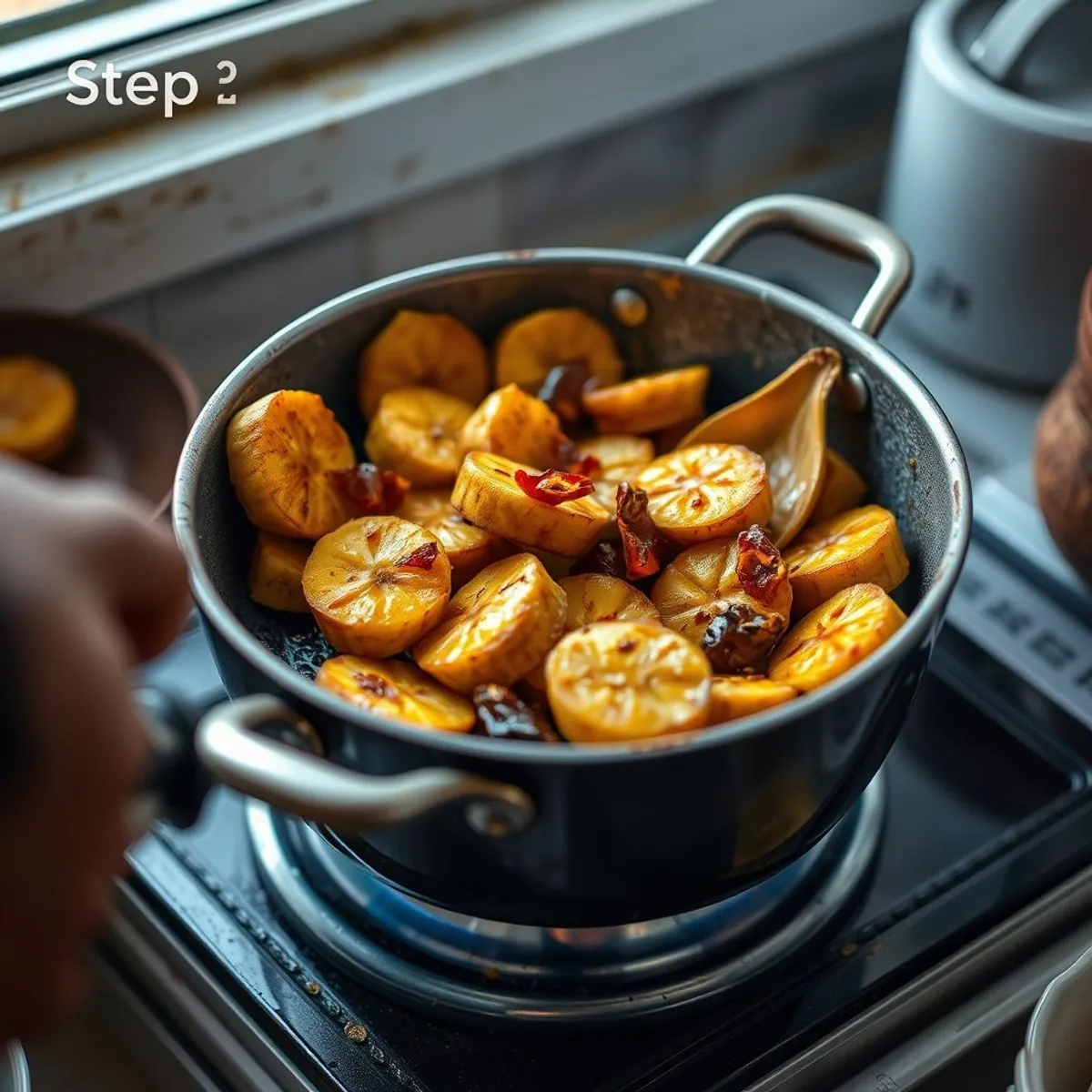 AI-generated photo Spiced fried plantain, step 2. AI-generated photo.