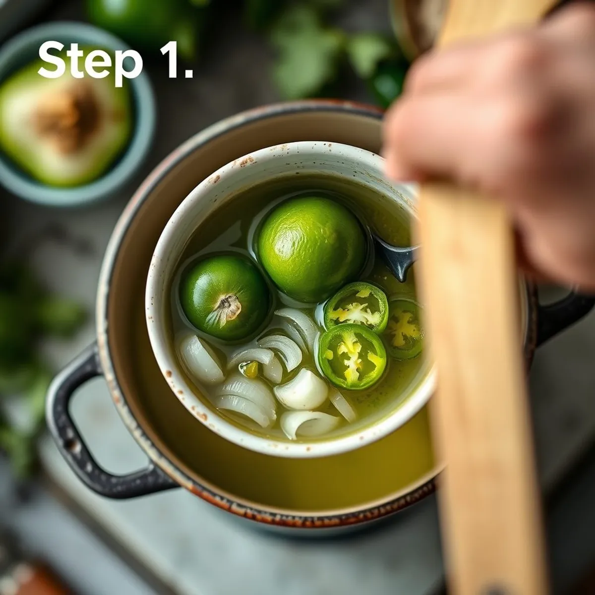 AI-generated photo Green Pozole, step 1. AI-generated photo.