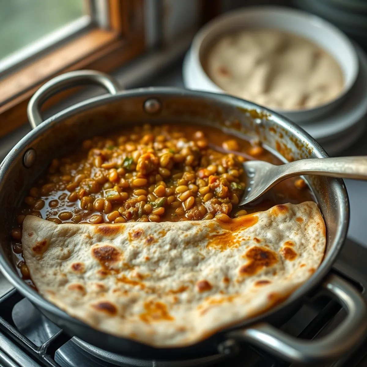AI-generated photo Dhal and roti, step 3. AI-generated photo.