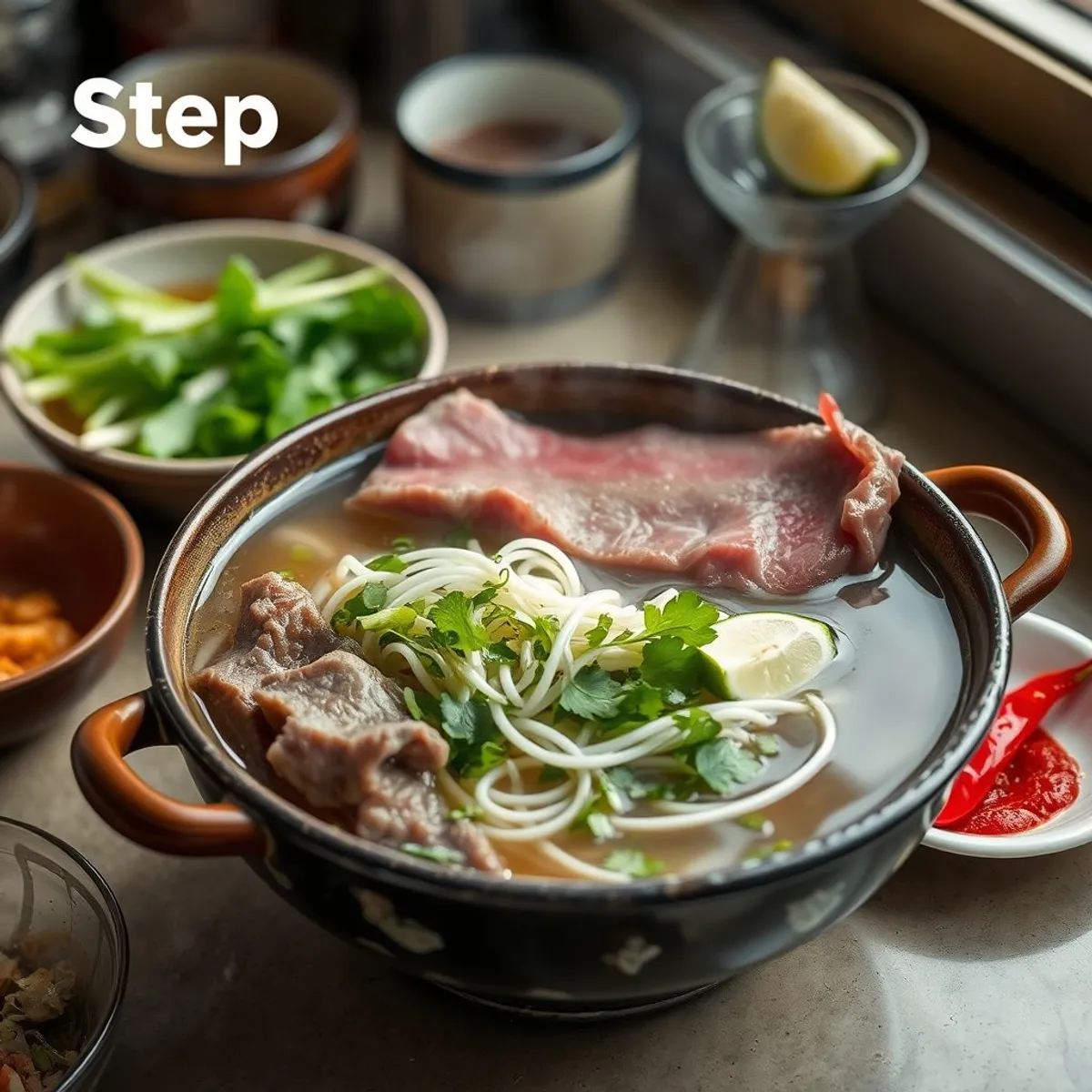 AI-generated photo Hanoi Beef Pho, step 5. AI-generated photo.