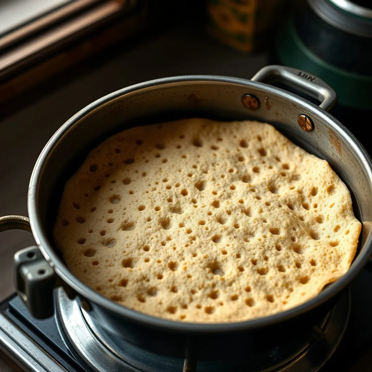 AI-generated photo Teff injera, step 4. AI-generated photo.