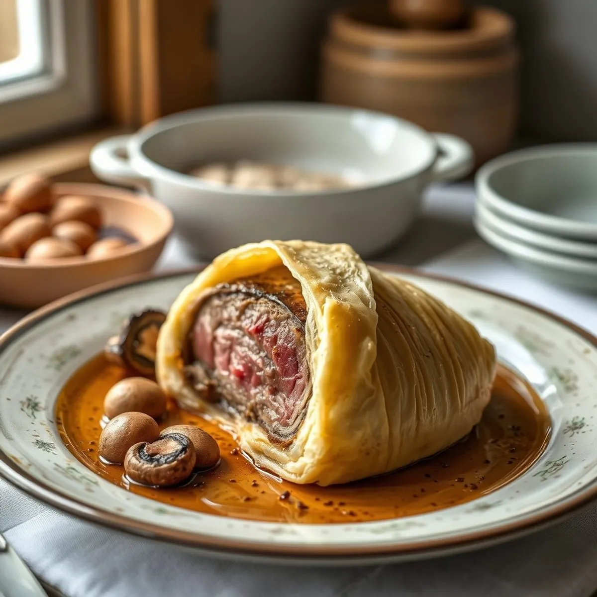 AI-generated photo Beef Wellington, step 2. AI-generated photo.