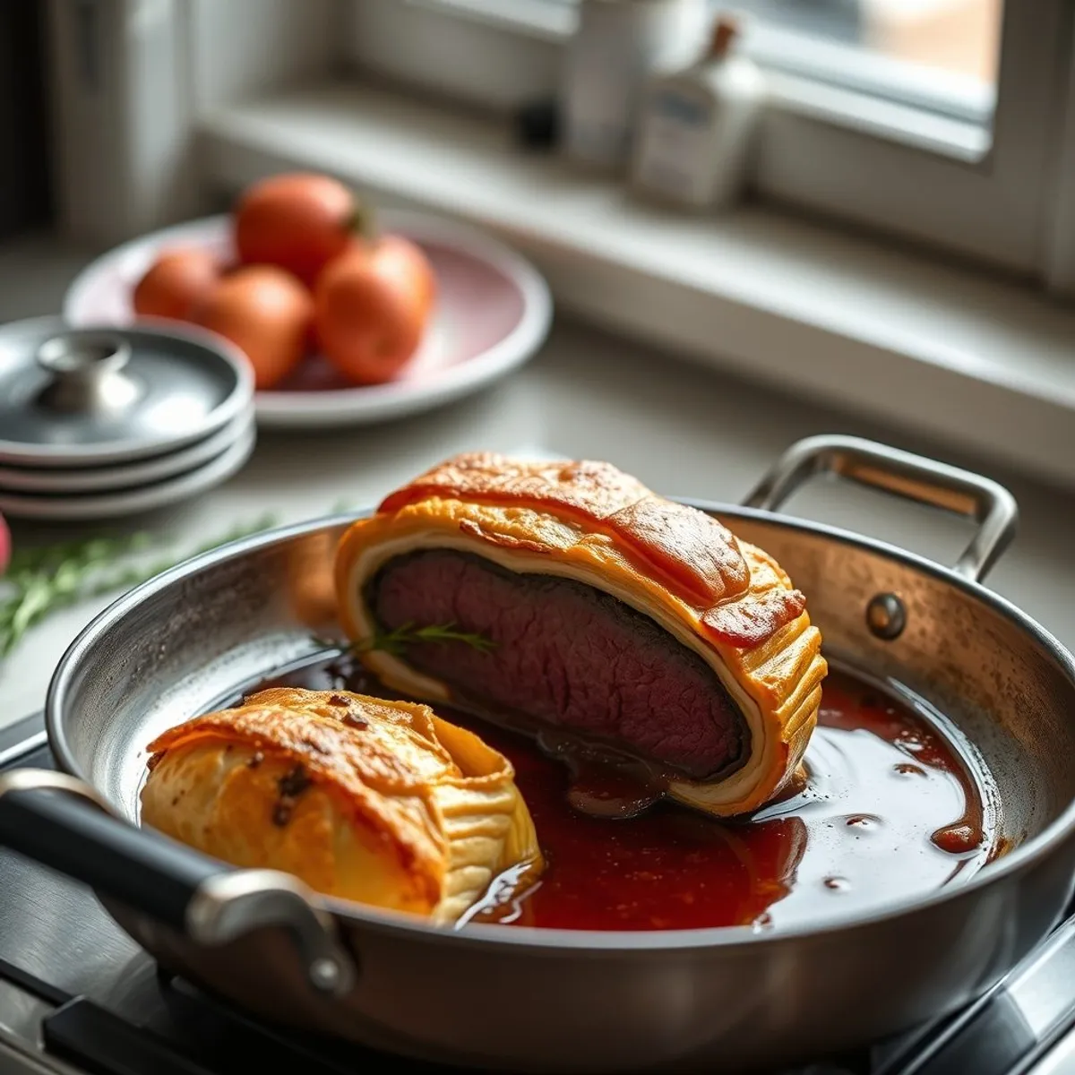AI-generated photo Beef Wellington, step 3. AI-generated photo.