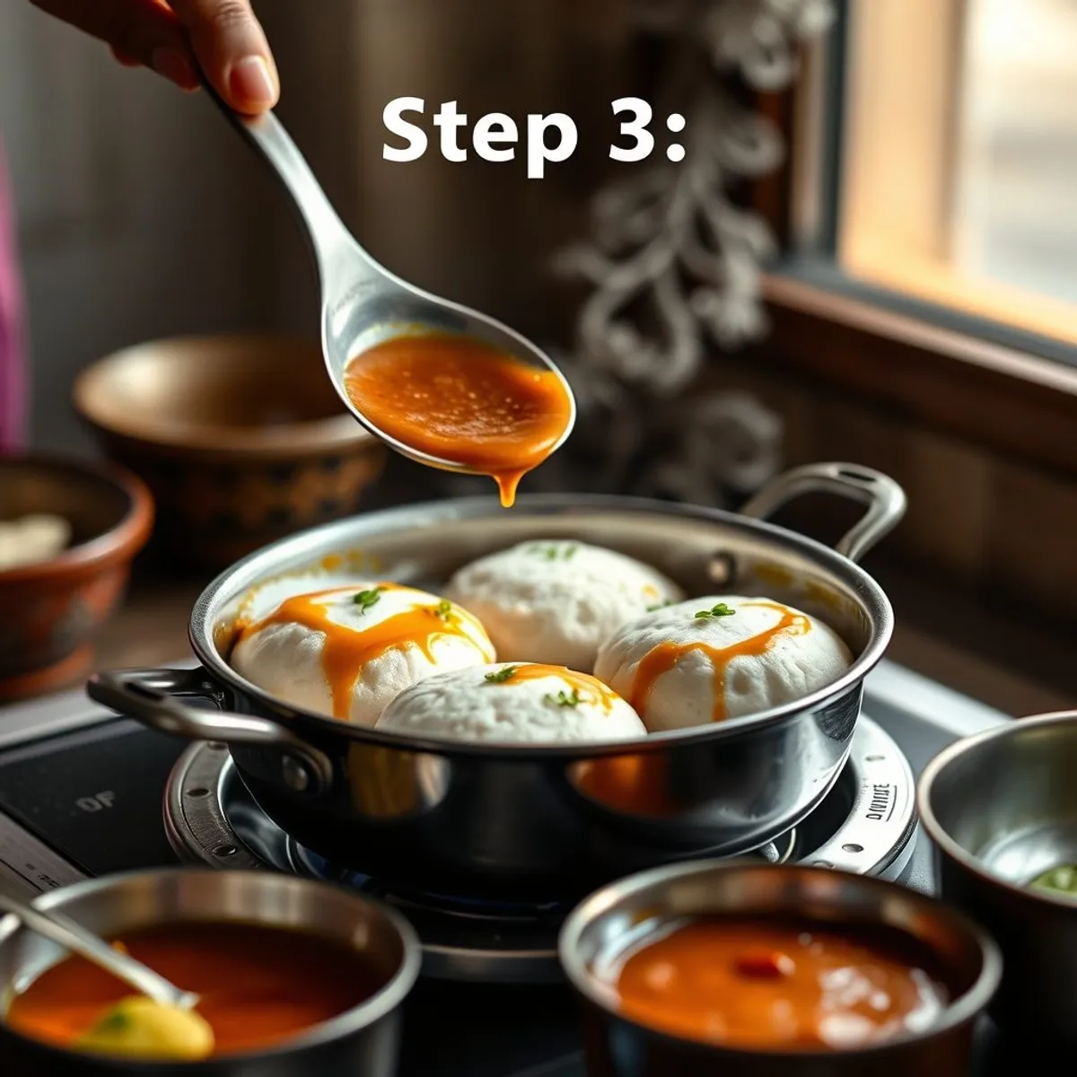 AI-generated photo Steamed idli, step 3. AI-generated photo.