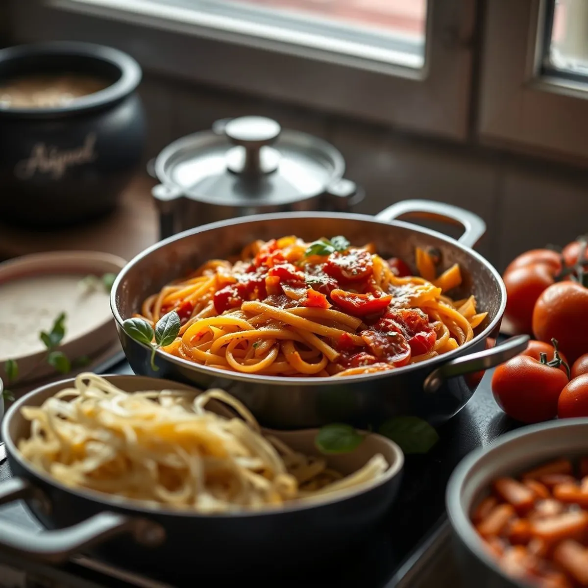 Penne arrabbiata, step 1. AI-generated photo.