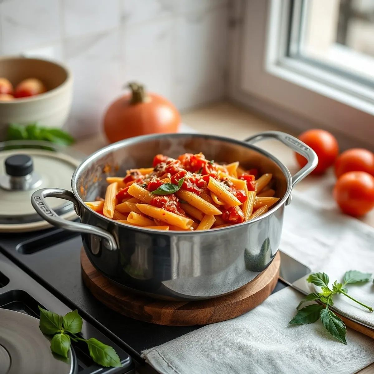 Penne arrabbiata, step 2. AI-generated photo.