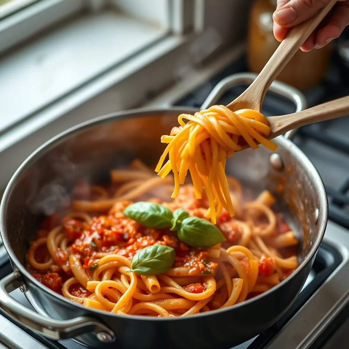 Penne arrabbiata, step 3. AI-generated photo.